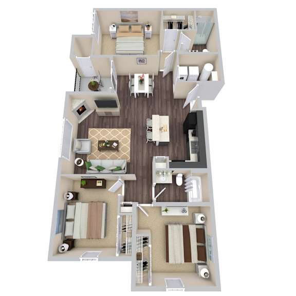 A top-down view of a two-story apartment with a living room, kitchen, and bedrooms.