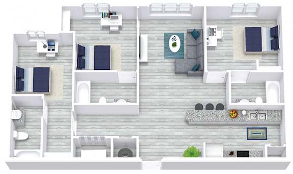 A top-down view of a two-bedroom apartment with a living room, kitchen, and bathroom.