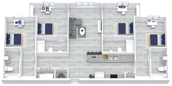A 3D rendered image of a house layout.
