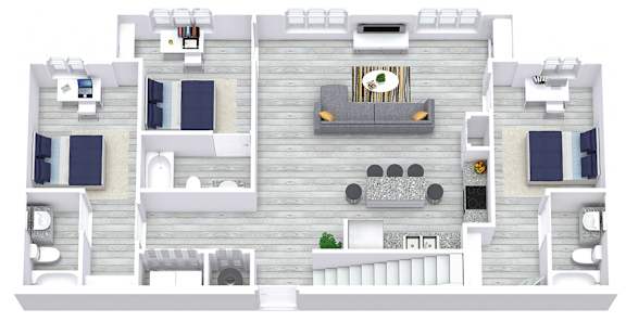 A top-down view of a two-story house with a living room, kitchen, and bedrooms.