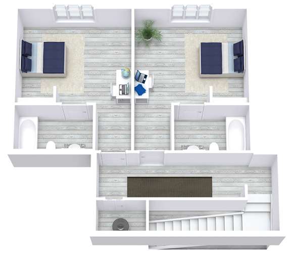 A top-down view of a two-story house with a living room, kitchen, and bedrooms.