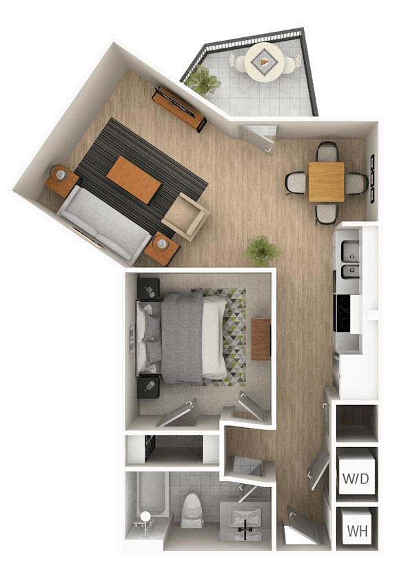 A 3D floor plan of a small apartment with a living room, kitchen, and bathroom.