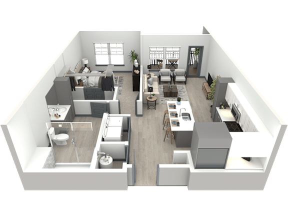 a 3d floor plan of a living room and dining room
