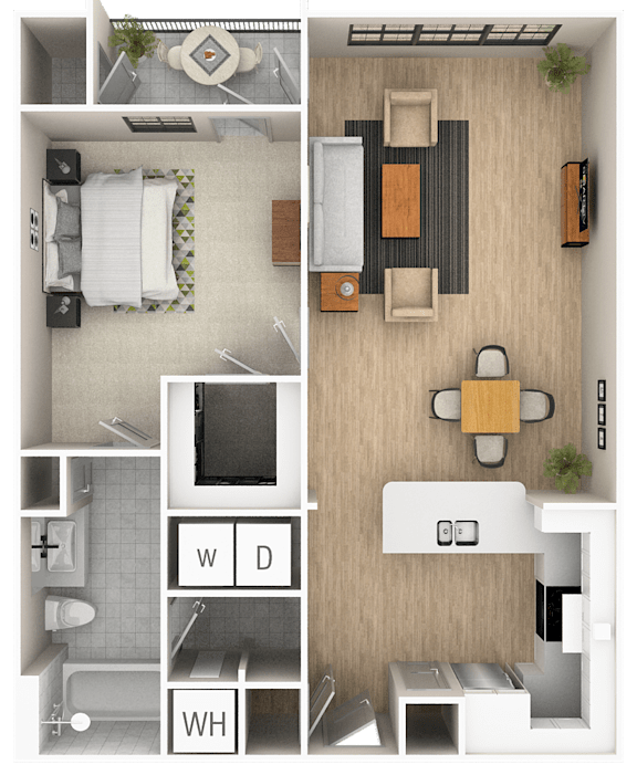 A floor plan of a small apartment with a kitchen, living room, and bathroom.