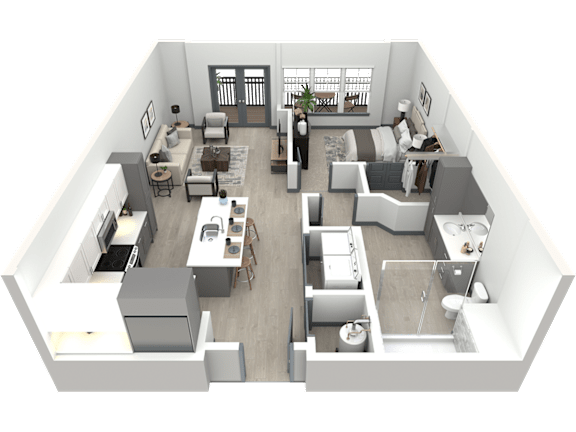 a 3d floor plan of a house with a bedroom and a living room
