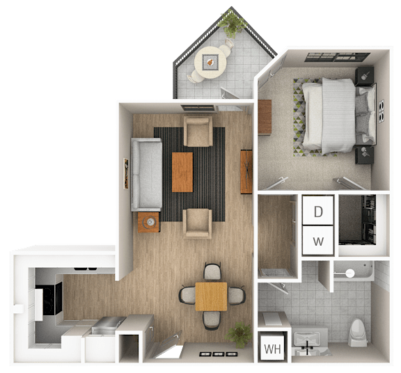 A 3D floor plan of a house showing a kitchen, living room, dining room, and bathroom.