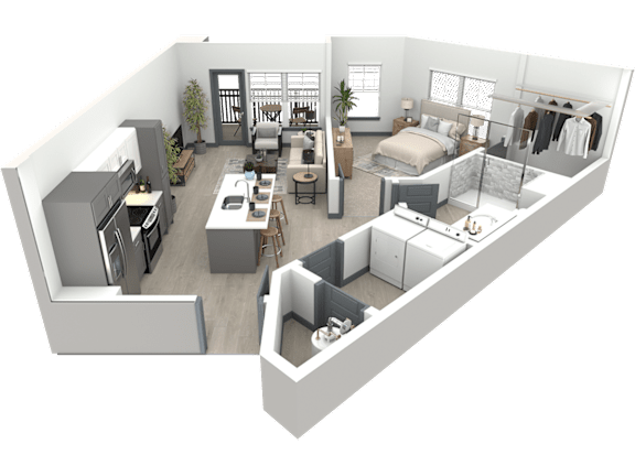 a 3d floor plan of a bedroom and living room