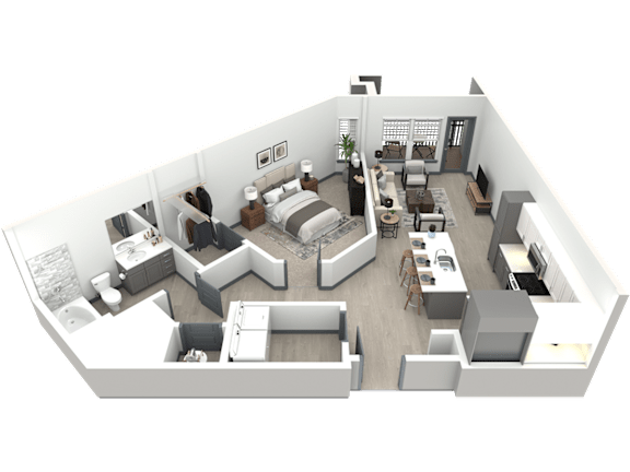 a 3d floor plan of a bedroom and living room