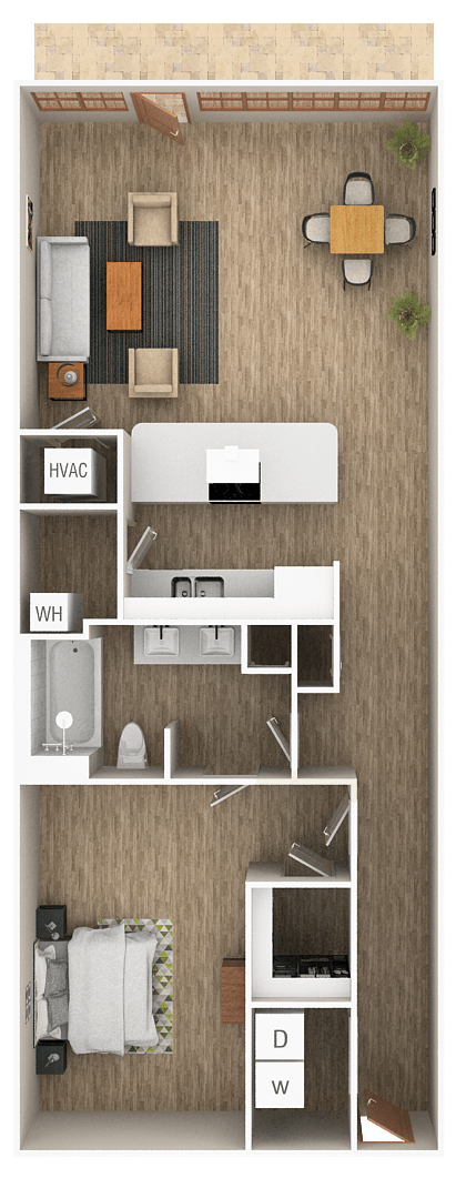 A floor plan of a small apartment with a kitchen, living room, and bedroom.