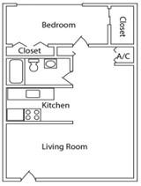 A floor plan of a living space with a bedroom, kitchen, and living room.