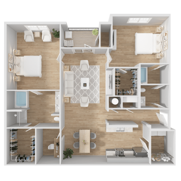 a 3d floor plan of a living room with a bedroom and a kitchen