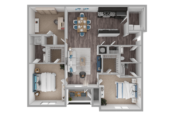 A top-down view of a house layout with a dining area, living room, kitchen, and bedrooms.