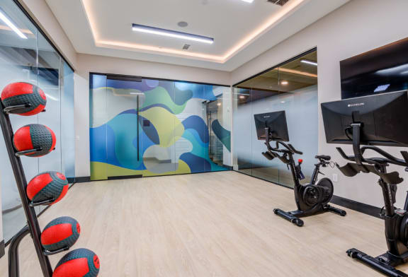 a workout room with exercise equipment and a wall mural