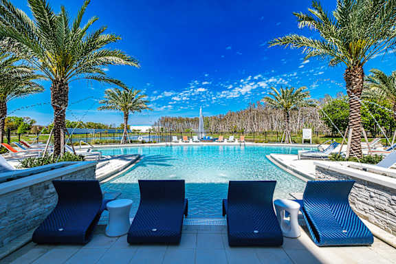 A pool area with lounge chairs and palm trees.