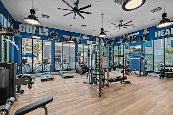 A gym with a variety of equipment and a ceiling fan at Altis Santa Barbara, Florida