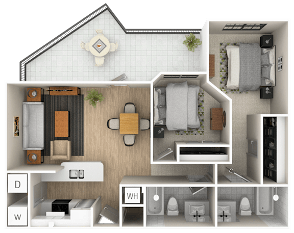 A 3D floor plan of a house showing the layout of the rooms.