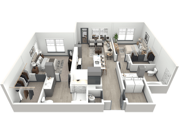 3d floor plan of a house with bedrooms and a living room