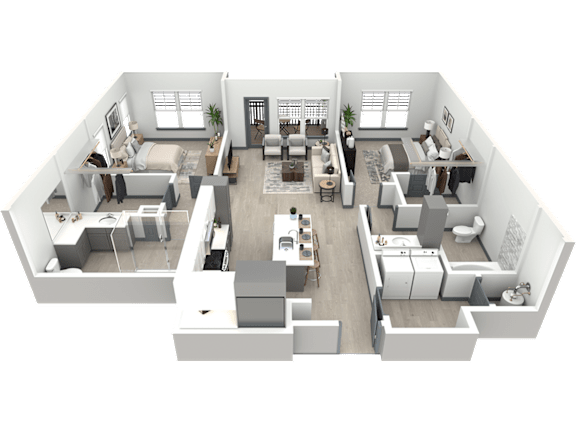 3d floor plan of a living room and dining room