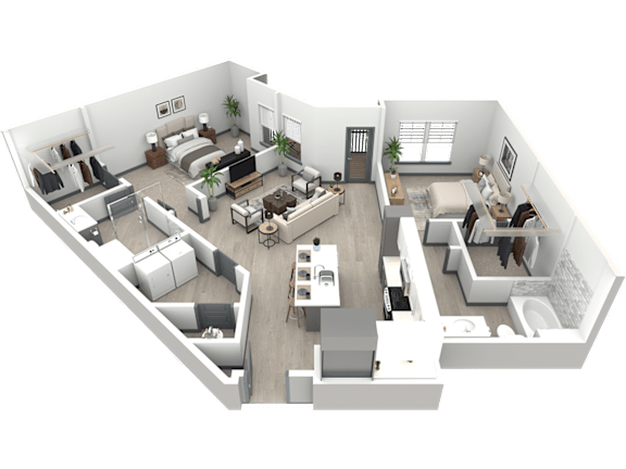 3d floor plan of a living room with a bedroom
