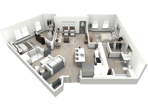 a 3d floor plan of a house with a bedroom and a living room