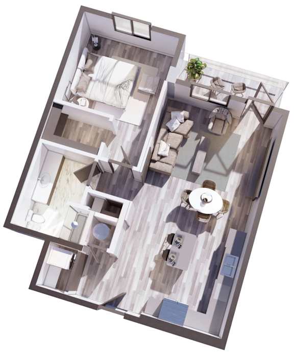 A top-down view of a modern apartment layout with a kitchen, living room, and bathroom.