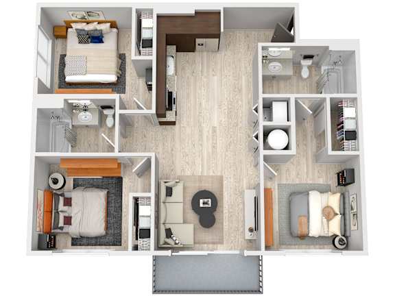 A top down view of a small apartment with a kitchen, living room, and bedroom.