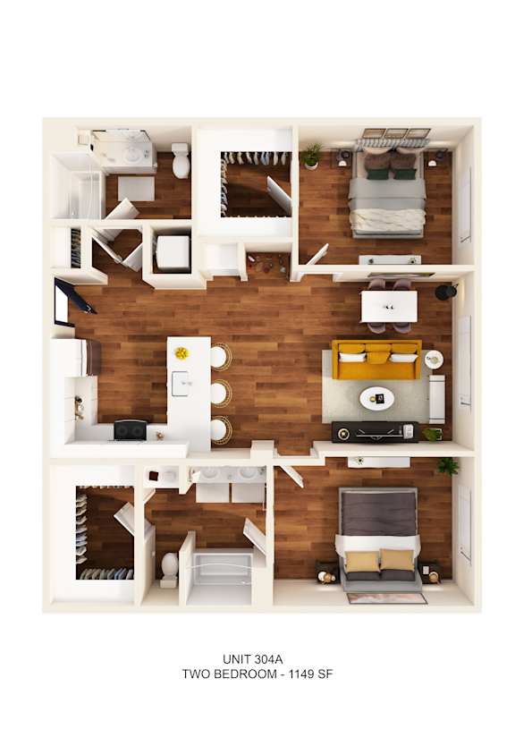 A 3D floor plan of a two bedroom apartment.