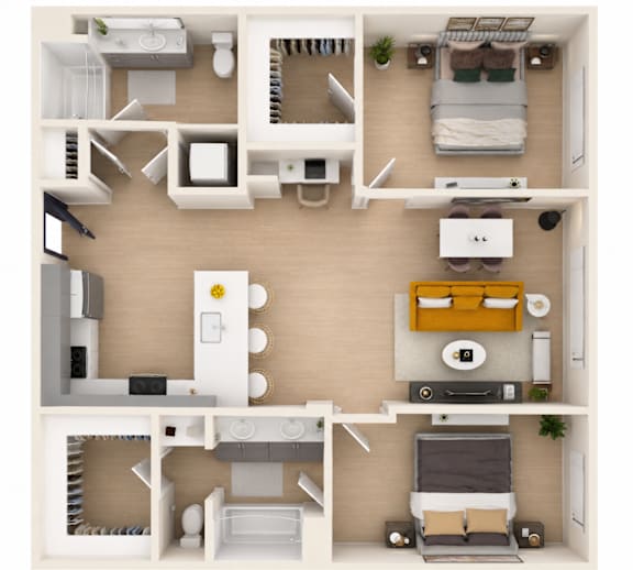 A top-down view of a small apartment layout with a bedroom, living room, kitchen, and bathroom.