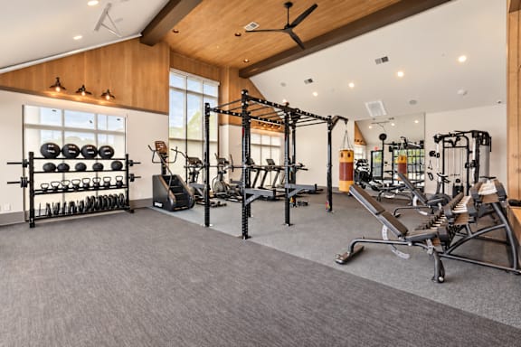 A spacious gym with a variety of equipment including a squat rack, weight bench, and a rowing machine.