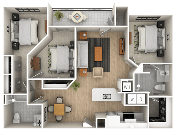 A 3D floor plan of a house with labeled rooms.