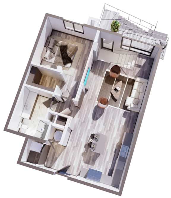 A top-down view of a modern apartment with a living room, kitchen, and bathroom.