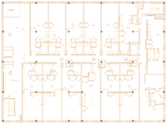 A black and white architectural floor plan with various rooms and structures.