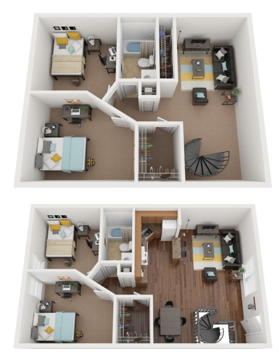 a floor plan of two bedrooms with two bathrooms and two closets