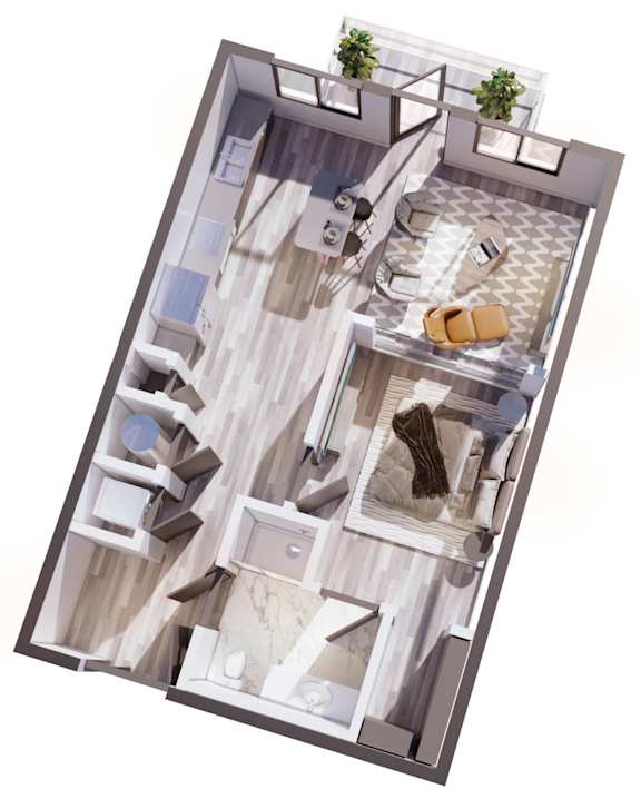 A top-down view of a small apartment with a living room, kitchen, and bathroom.
