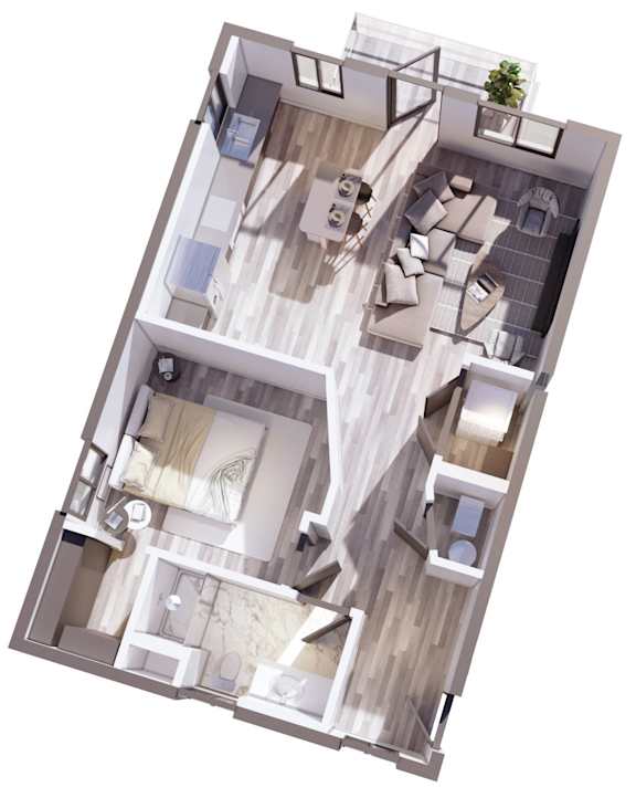 A top-down view of a modern apartment layout with a living room, kitchen, and bedrooms.