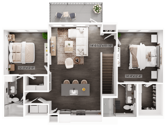 a 3d floor plan of a bedroom with a bathroom and a living room