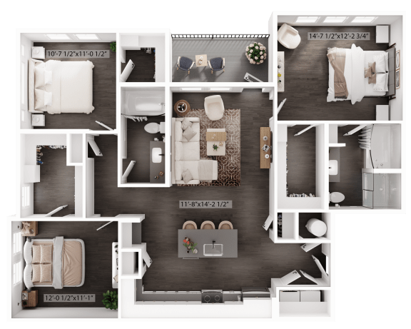 a 3d floor plan of a house with a bedroom and living room