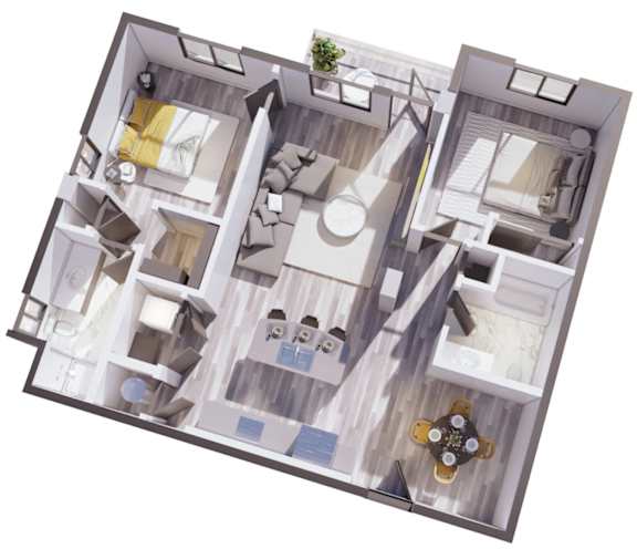 A 3D floor plan of a house with a kitchen, living room, and bathrooms.