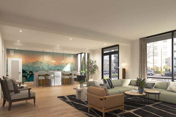 A modern living room with a large mural on the wall.