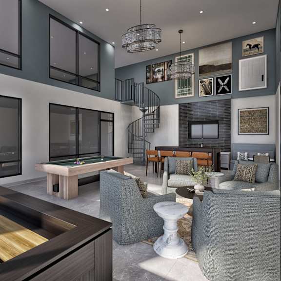 A modern living room with a pool table and a spiral staircase.