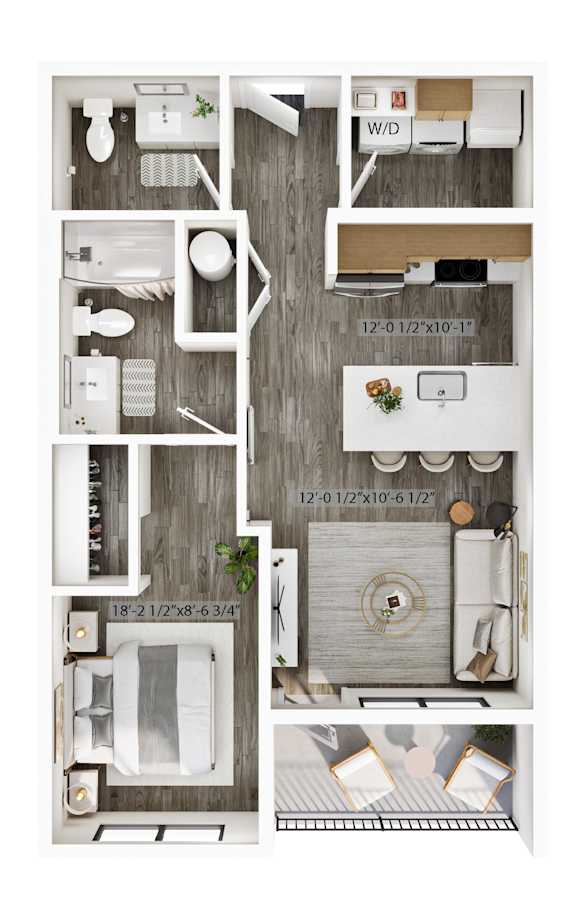 A floor plan of a small apartment with a kitchen, living room, and bathroom.