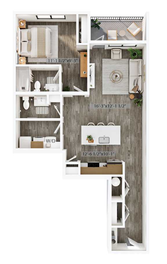 A floor plan of a small apartment with a kitchen, living room, and bathroom.