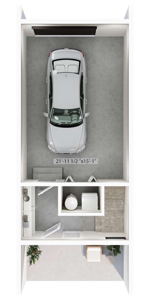 A white car is parked in a garage.