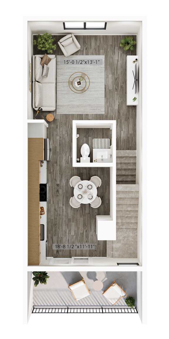 A top-down view of a kitchen layout with a bear-shaped island in the center.