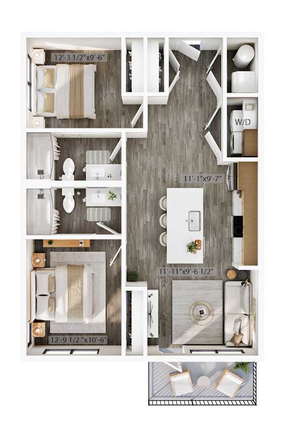 A floor plan of a small apartment with a kitchen, living room, and bathroom.