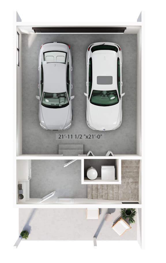 Two white cars are parked in a garage.