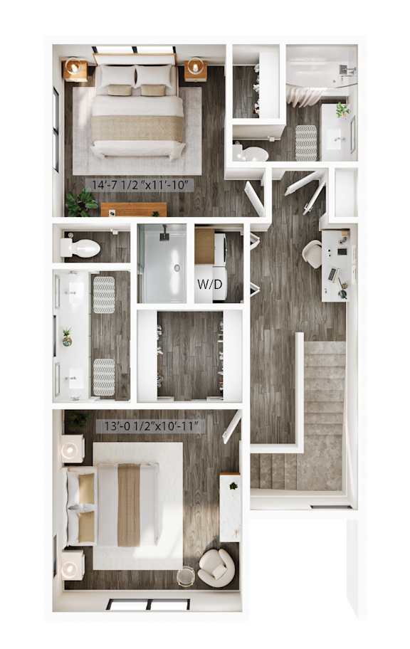 A diagram of a house layout with a bedroom, bathroom, and kitchen.