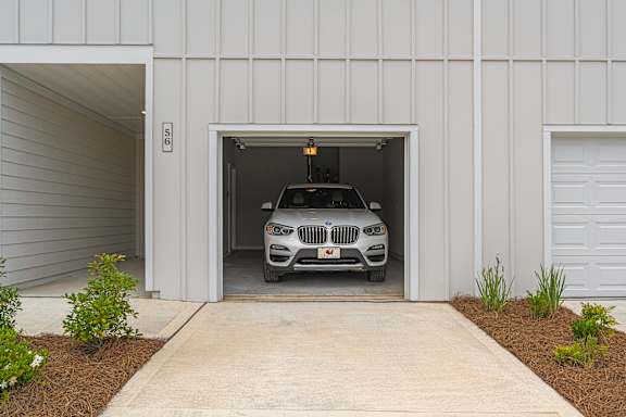 A car is parked in a garage.