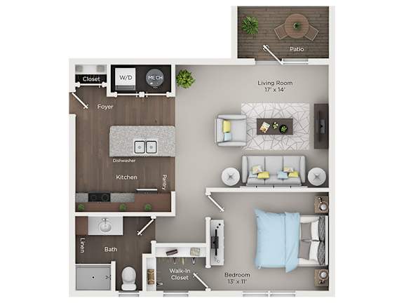 A floor plan of a small apartment with a living room, bedroom, kitchen, and bathroom.