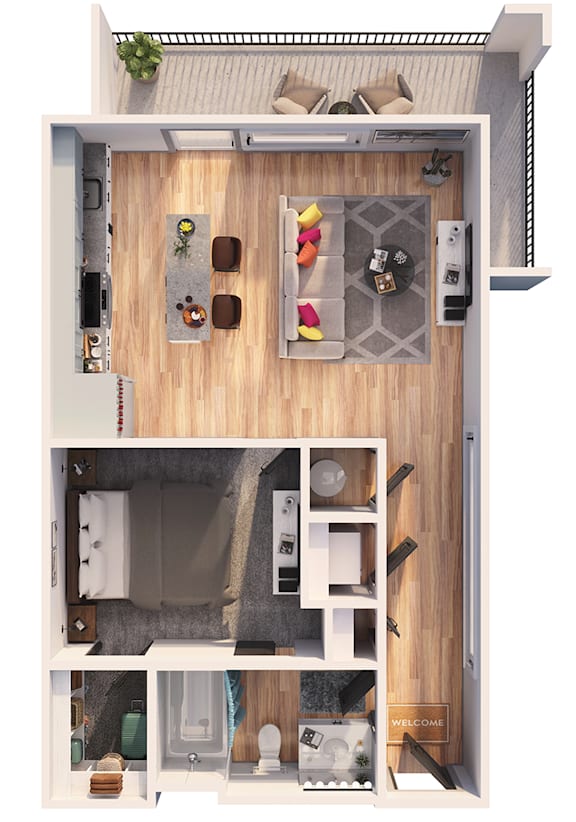 A 3D floor plan of a small apartment with a living room, kitchen, and bathroom.